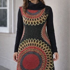 Aryeh Knit Sweater Dress Turtleneck Long Sleeve Mandala Print Medium